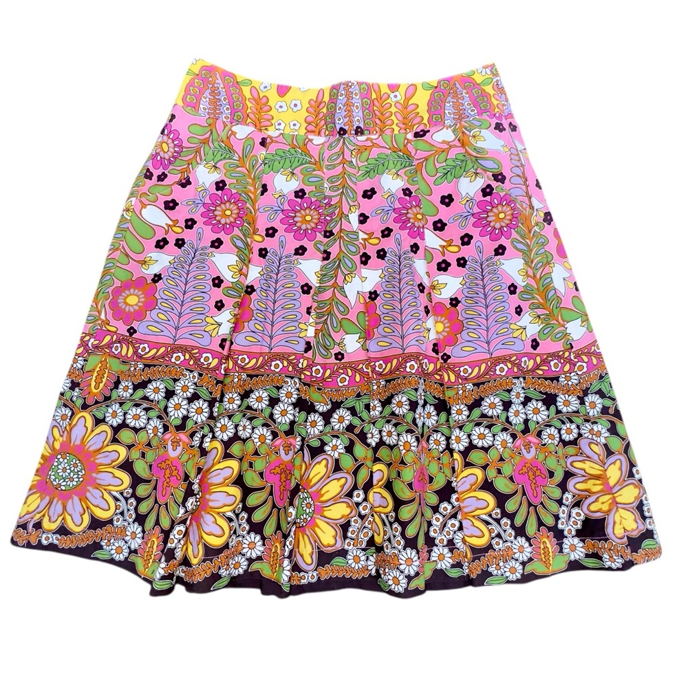 NWOT CAbi Skirt Size 4 Floral 70s Bold Print Pink Yellow Pockets 100% Cotton